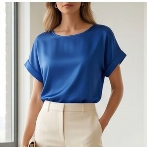 CHIGANT Womens L Royal Blue Satin Short Sleeve Blouse Top Large Elegant NWT